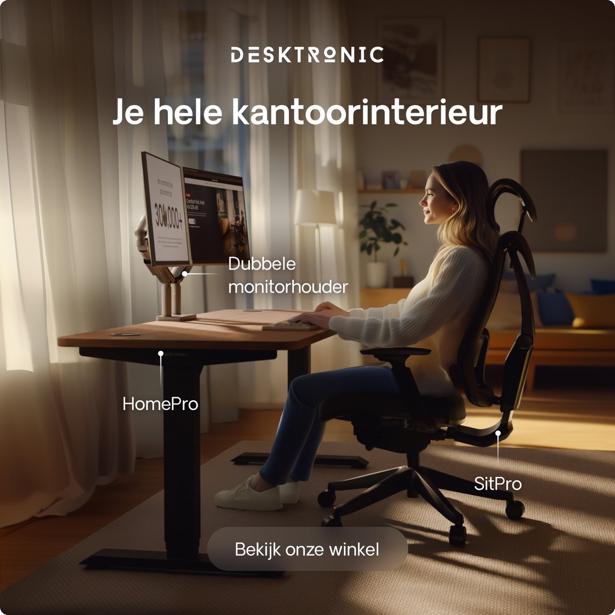 Desktronic HomePro Zit-sta Bureau Elektrisch In Hoogte Verstelbaar, 200x80cm Zwart/Notenhout, Stille Dubbele Motor, Hoogte 62-126cm thumbnail 3