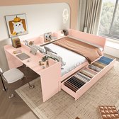 Slaapbank - 140x200 cm - met Bureau + 2 Laden - Zonder matras - Roze