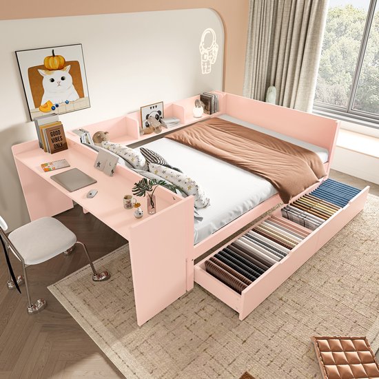 Canapé-lit Sweiko - 140x200 cm - avec bureau + 2 tiroirs - Sans matelas - Rose