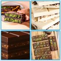Collage van verschillende gevulde chocoladerepen, waaronder witte chocolade en gedecoreerde repen.