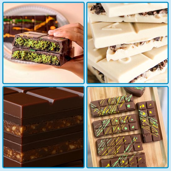Collage van verschillende gevulde chocoladerepen, waaronder witte chocolade en gedecoreerde repen.