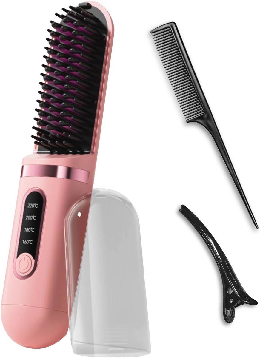 Draagbare draadloze stijltang met 4 temperatuurinstellingen, keramische technologie, geschikt voor glad en krullend haar - Roze