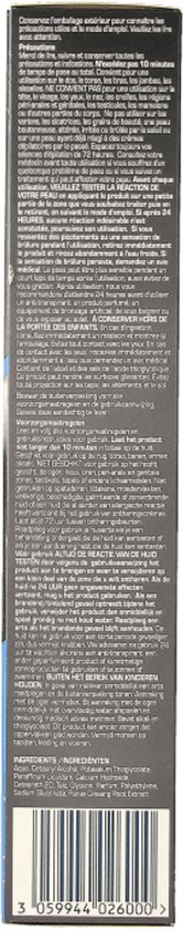 Ingrediënten en waarschuwingen voor Veet Men ontharingscrème. Barcode onderaan de doos.