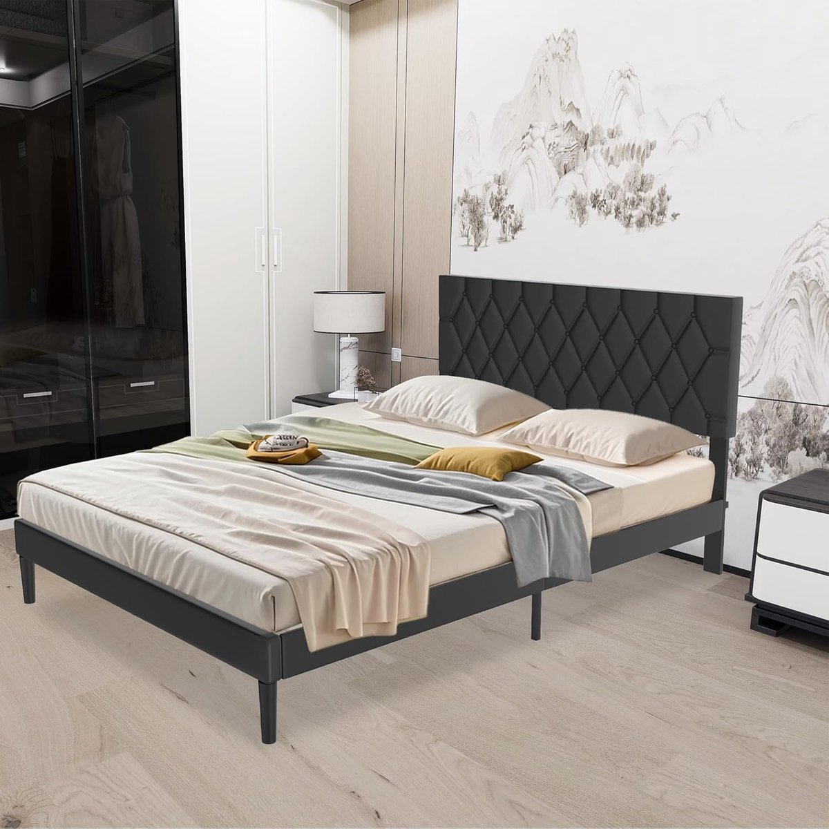 Aufun Zwart 140×200 cm Modern Bedframe Met Leren Hoofdeinde, Platformbed Met Houten Lattenbodem, Minimalistisch Tweepersoonsbed, Bedframe Voor Slaapkamer Gastenkamer