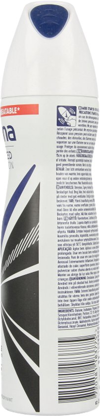 Zijkant van witte Rexona deodorant bus met blauw en zwarte details.