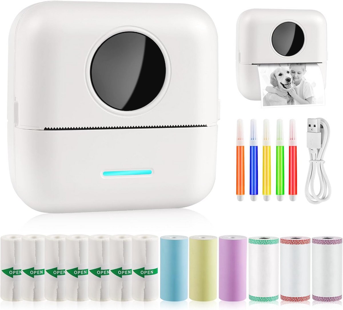 Draagbare Mini Fotoprinter - Draadloze Thermische Printer met 13 Rollen Papier en Viltstiften - Perfect voor Notities, Dagboeken en Herinneringen