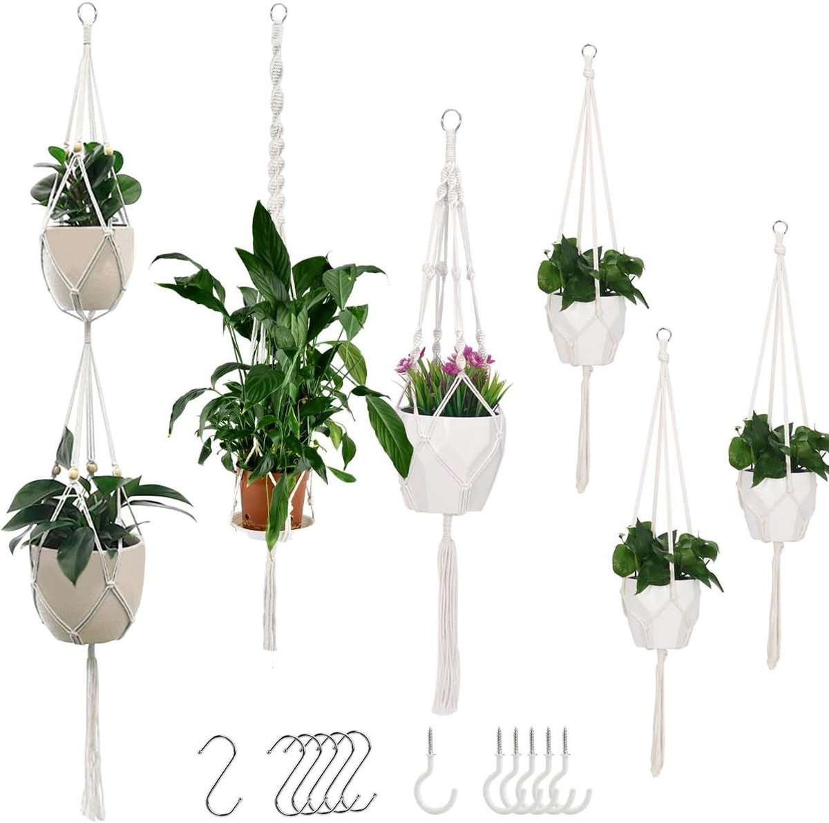 6 stuks katoenen touw plantenhangers - plafondhangers decoratieve bloempotten voor binnen- en buitendecoratie
