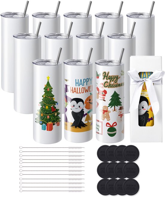 Twaalf witte 20oz tumblers met kerst- en Halloween-ontwerpen, inclusief rietjes, borstels en geschenkdozen.