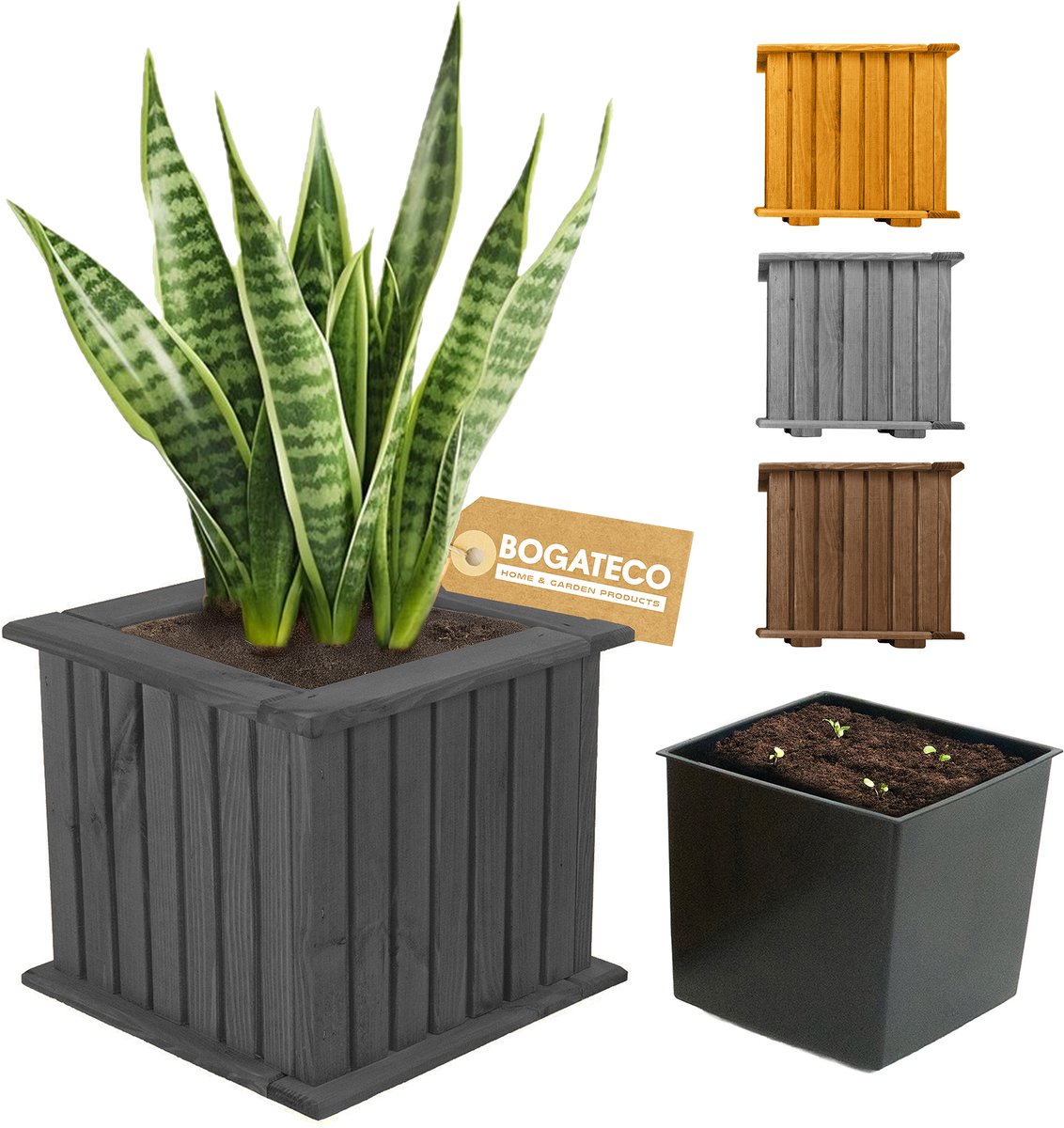 BOGATECO houten bloembak | Plantenbak | Bloempot 25 x 25 x 25 cm | Kruidenpot voor huis tuin balkon terras | Pot met kunststof inzetstuk | Waterdicht | Zwart