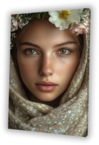 Portret vrouw met groene ogen - Vrouw schilderij op canvas - Wanddecoratie canvas gezicht - Hyperrealisme - Schilderijen op canvas industrieel - Wanddecoratie - canvas 80x120 cm