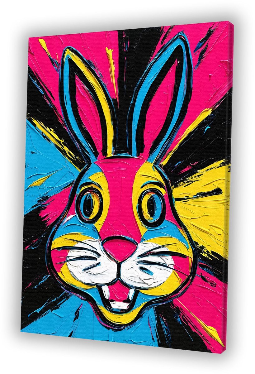 Kleurrijk en speels konijn portret - Konijn canvaskunst - Canvas schilderijen dier - Pop Art - Muurdecoratie landelijk - Kunst aan de muur - canvas 80x120 cm