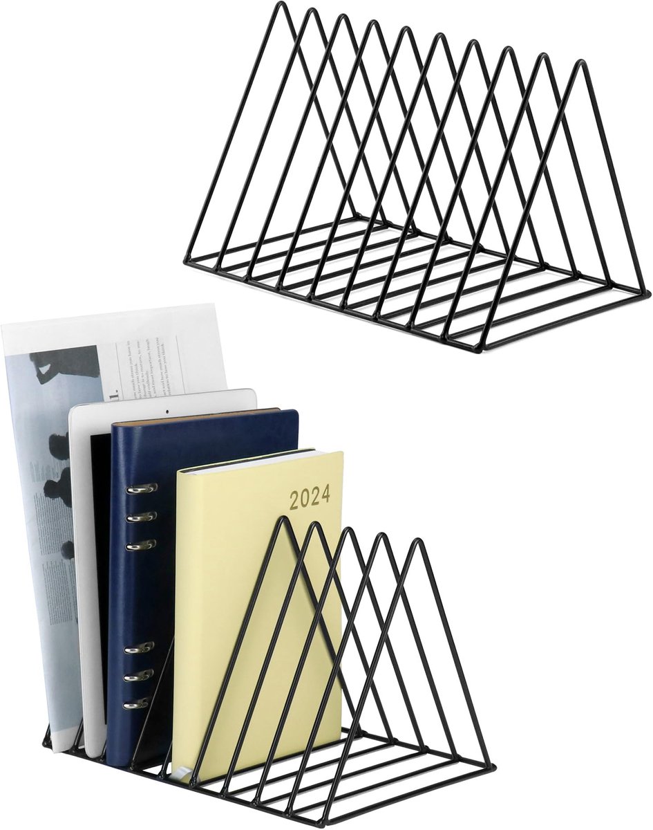 Ibenzoa Stijlvolle Driehoekige Boekenorganizer en Tijdschriftenstandaard met 9 Vakken - Set van 2 stuks zwart