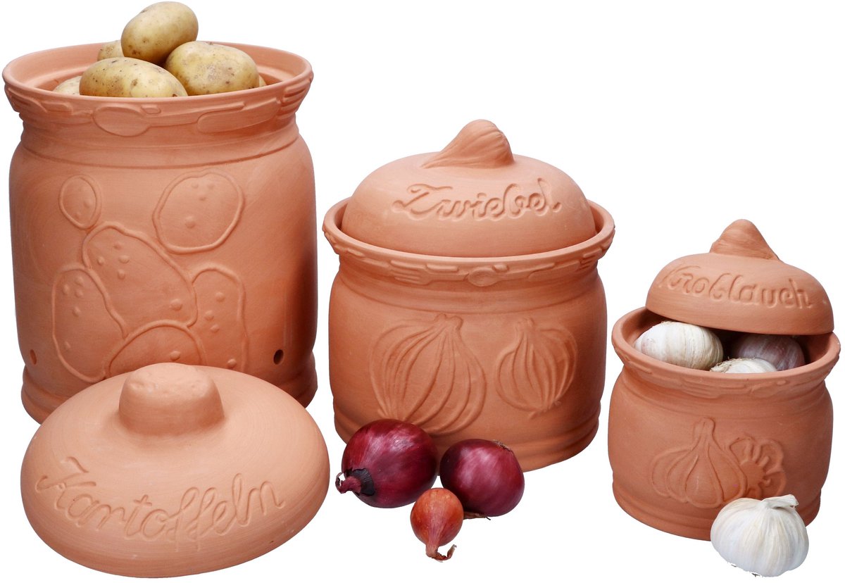 Set van 3 TERRA terracotta aardappel-, uien- & knoflookpotten - 1983, 1984 & 1985