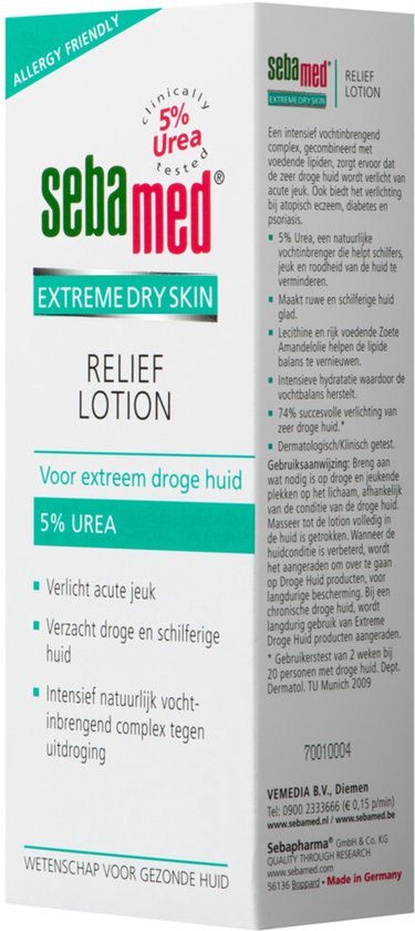 Zijkant van Sebamed Relief lotion verpakking met productinformatie over intense hydratatie, vermindering van jeuk en schilferige huid.
