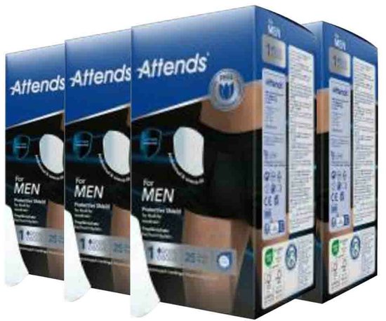 Attends For Men, 4 verpakkingen van anatomisch gevormde slipjes voor mannen met druppels. Elk 25 stuks.