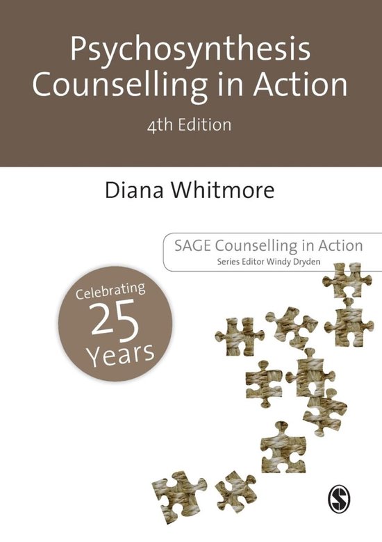 Boek kaft met "Psychosynthesis Counselling in Action 4th Edition" en "Diana Whitmore". In het midden een cirkel met "Celebrating 25 Years".