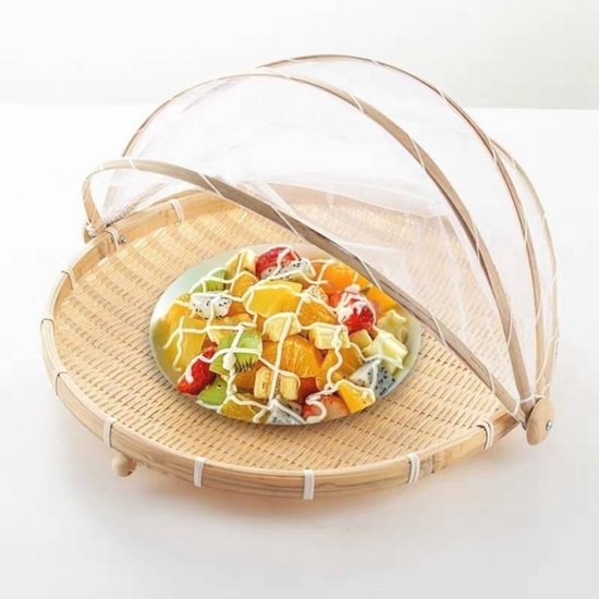 Voedselhoes Bamboe Anti-Muggen Opbergmanden Opvouwbare Handgeweven Tent Stofpan Fruit Stofdichte Cover Picknick Mesh Net Tent (40 cm in Diameter