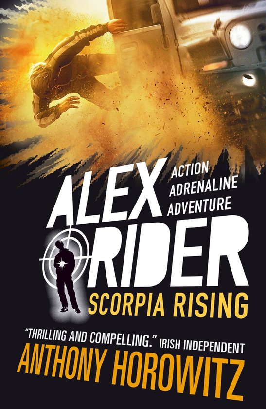 Boekcover van Alex Rider: Scorpia Rising met een man die uit een voertuig springt, met 'Alex Rider Scorpia Rising' in grote letters.