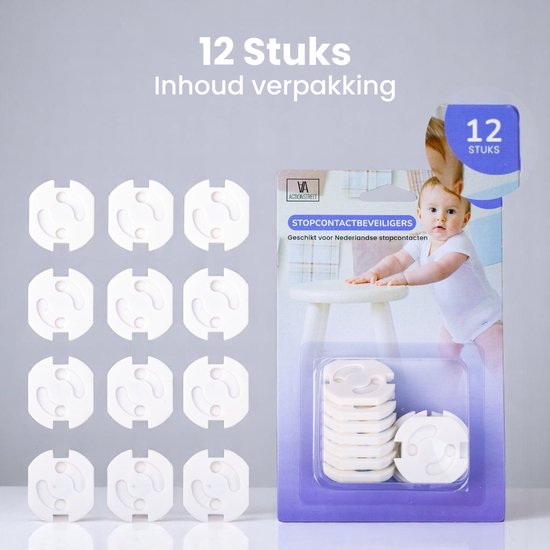 Twaalf witte stopcontactbeveiligers op een rij, naast een verpakking met een baby. "12 Stuks, inhoud verpakking".