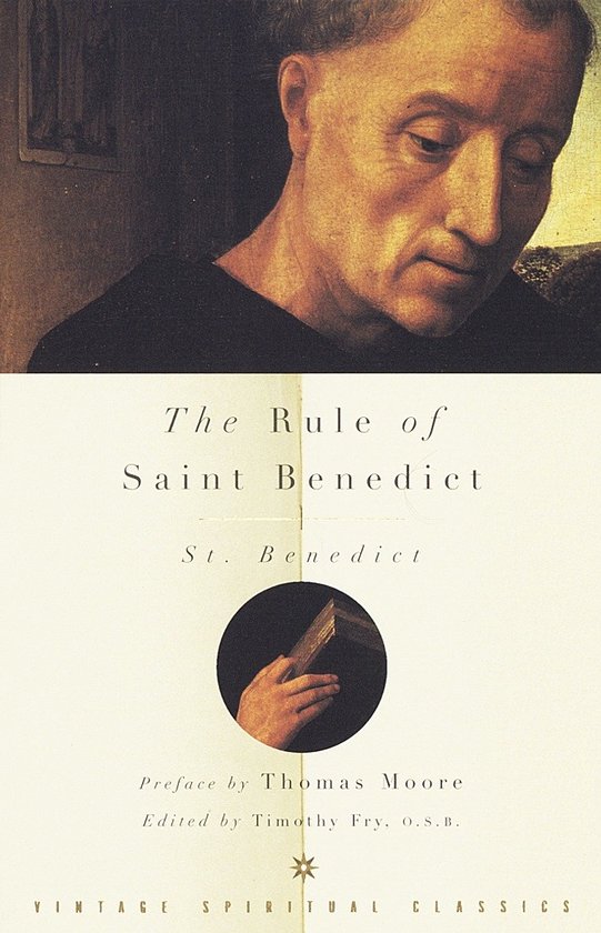 Livre "The Rule of Saint Benedict", avec un portrait d'homme et une illustration circulaire d'une main tenant un livre.