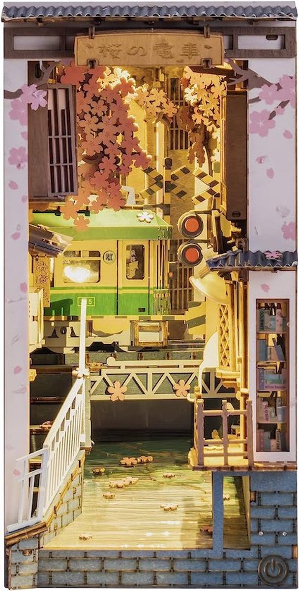 Robotime Book Nook Shelf Insert - Miniatuurhuisje Tokyo Trein met Ledverlichting - 340 stukjes - 3d Houten Puzzel - 18.5 x 10 x 24.2 cm - Boekenhouder - Bouwpakket voor Volwassenen en Kinderen - DIY - Sakura Densya — afbeelding 7