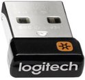 Logitech Unifying USB-ontvanger met zwarte behuizing en oranje ster-logo.