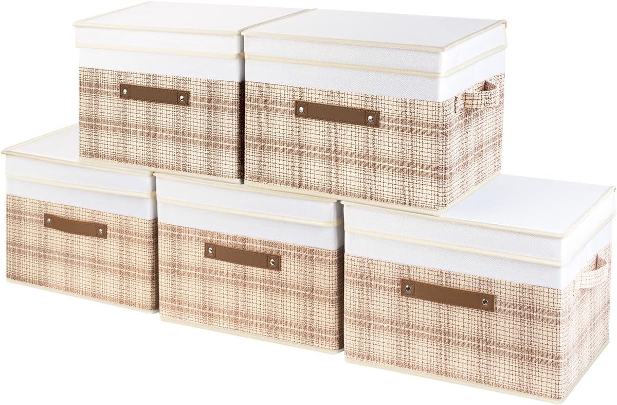 Opvouwbare Opbergdozen met Deksel - Lichtbruin Patchwork Patroon - 38x25x25 cm - Set van 5