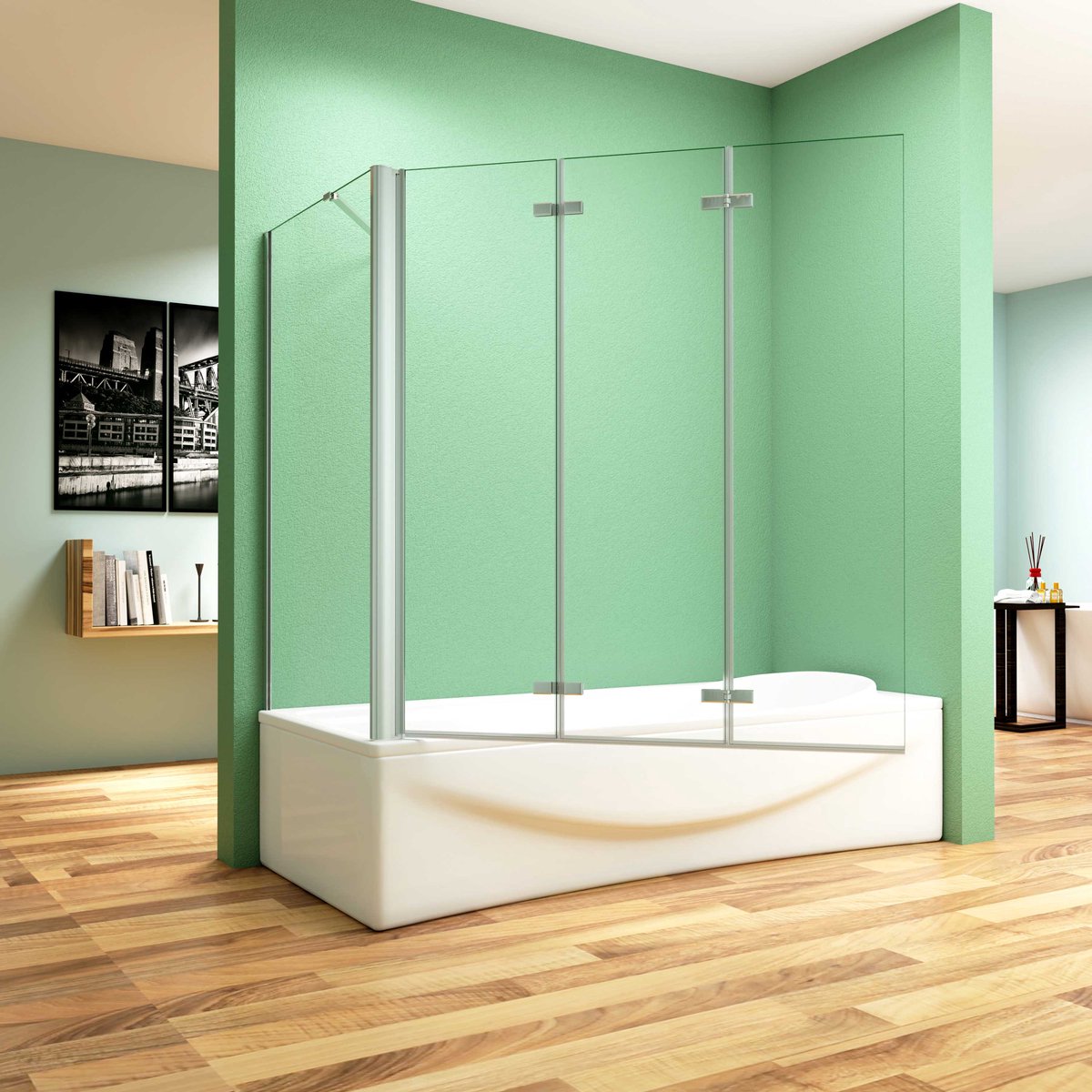 130x80x140cm Badscherm Badwanden Badwand 3 panelen vouwbaar met vast zijwand,6mm NANO helder ESG-veiligheidsglas,profiel van glanzend chroom