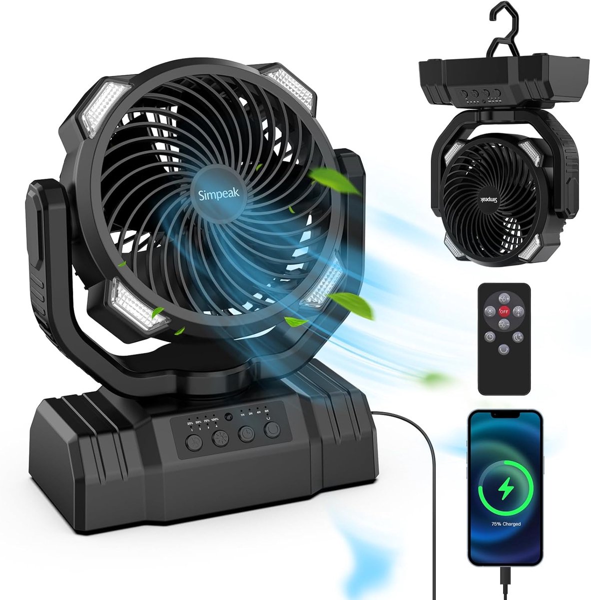 Oplaadbare Camping LED-Lantaarn en Ventilator met Afstandsbediening - 10000mAh Powerbank Functie - 4 Snelheden - Stil en Duurzaam