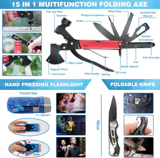 Multifunctionele tang met rode handgrepen, inclusief mes, zaag, opener. Hand-aangedreven zaklamp en opvouwbaar mes van 16cm. Gemaakt van metaal en kunststof.