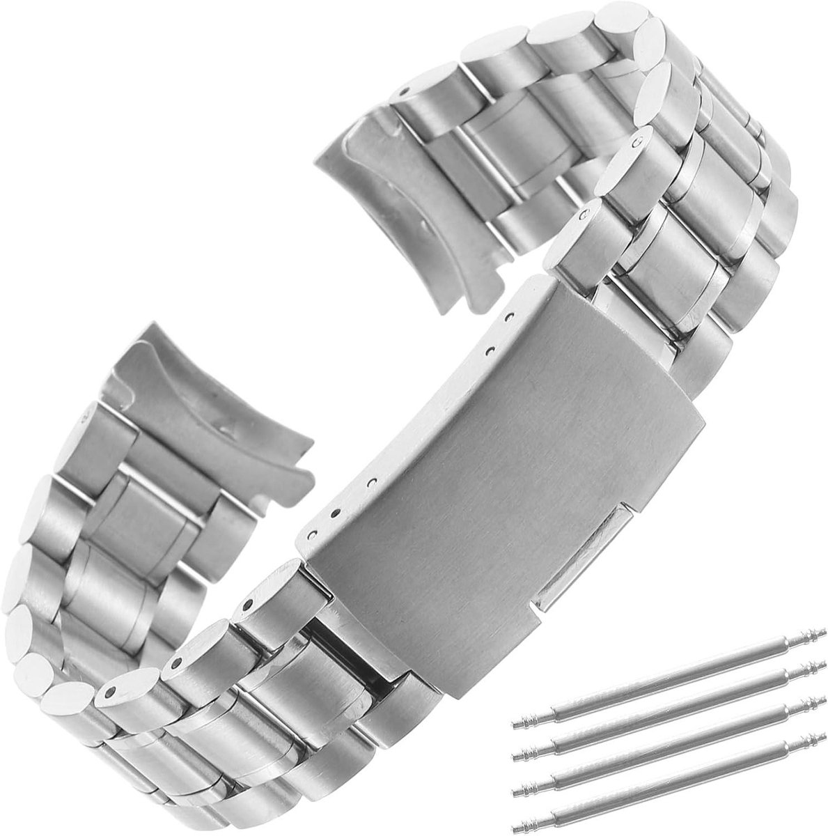 Stainless Steel Watch Band 20mm Curved Handles incl. Fixing Rods - SilverSilver Bracelet with Curved Handles - 20mm Stainless Steel Watch BandStrappy Silver Bracelet - LUOEM Stainless Steel Watch Band 20mm