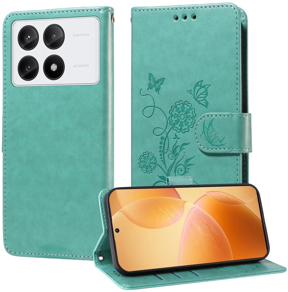 Mobigear Telefoonhoesje geschikt voor POCO X6 Pro Hoesje | Mobigear Flowers Bookcase Portemonnee | Pasjeshouder voor 3 Pasjes | Telefoonhoesje voor Pinpas / OV Kaart / Rijbewijs - Groen