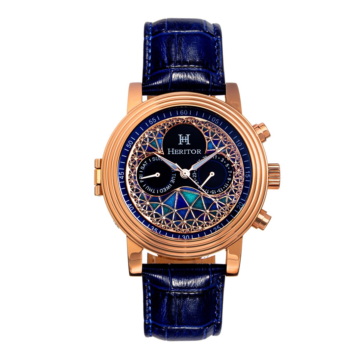 Heritor Automatic Legacy horloge met leren band en dag--datumaanduiding - roségoud-blauw