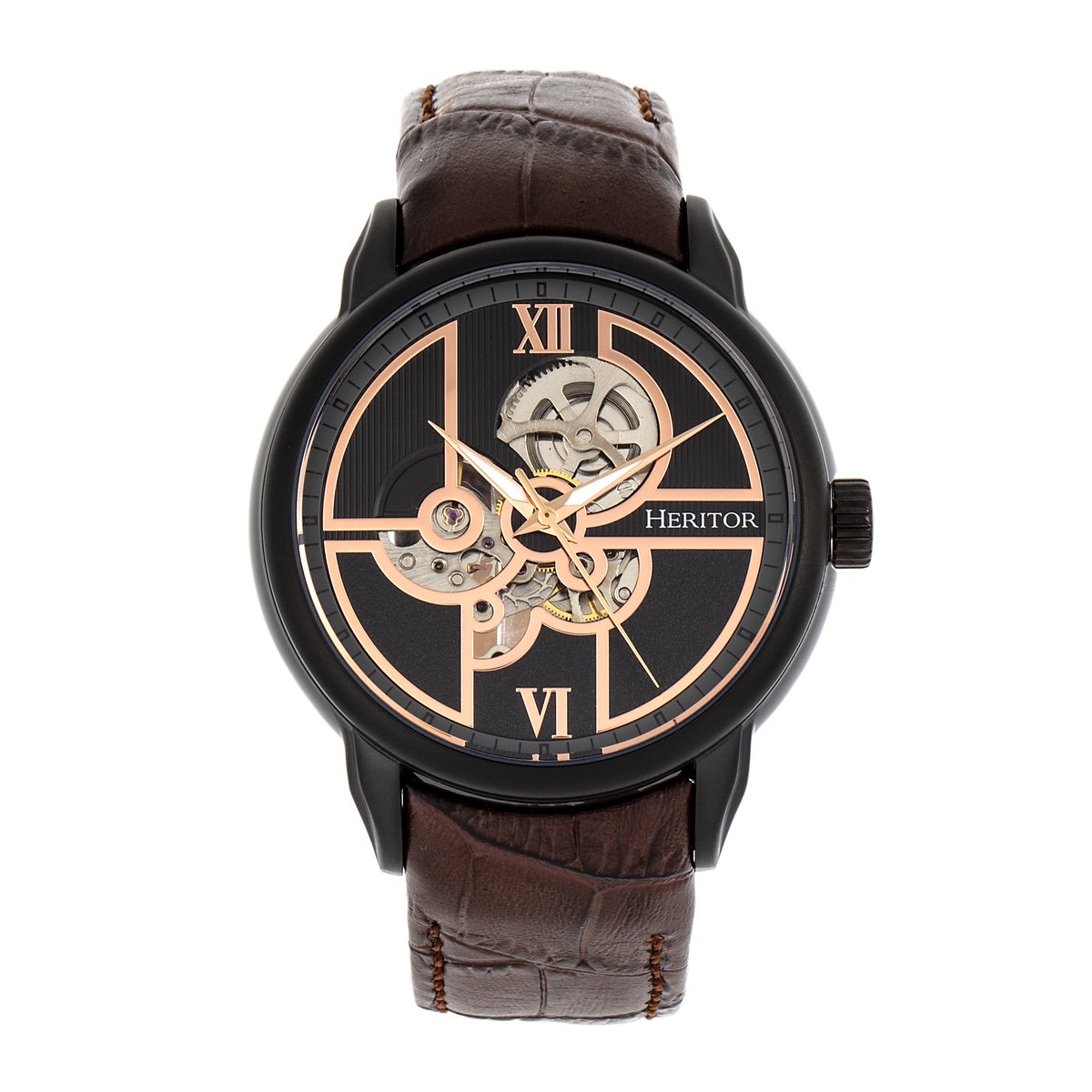 Heritor Automatic Sanford Semi-Skelet leren band horloge - Zwart-Bruin