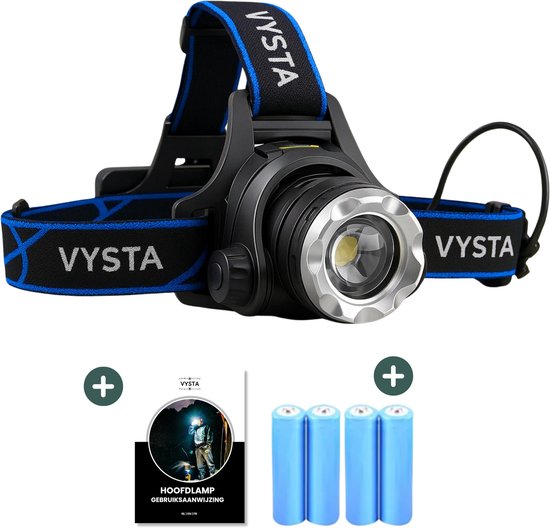 Zwarte Vysta hoofdlamp met blauwe band, 4 blauwe batterijen en handleiding.