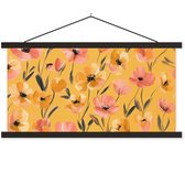 Posterhanger incl. Poster 60x30 cm - Schoolplaat - Bloemen - Geschilderd - Geel - Textielposter - Zwarte latten