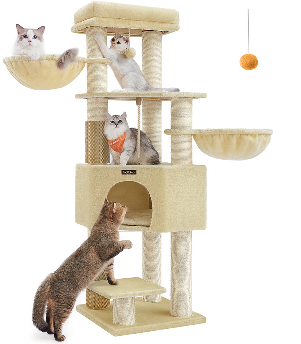 Krabpaal – Met Plateaus – 50 x 50 x 160 cm – Zandbeige-Beige – Grote Krabpaal