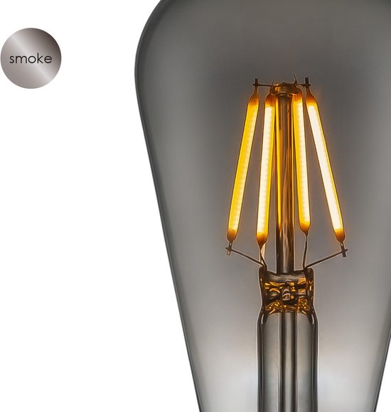 Gros plan d'une ampoule LED E27 en verre fumé gris, avec une étiquette "smoke".