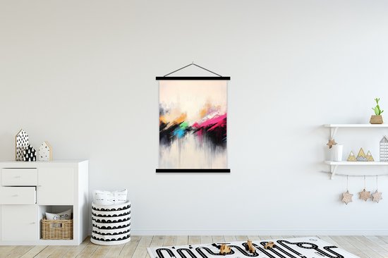 Posterhanger incl. Poster 120x160 cm - Schoolplaat - Dynamisch - Abstract - Kleurrijk - Zwart - Textielposter - Zwarte latten