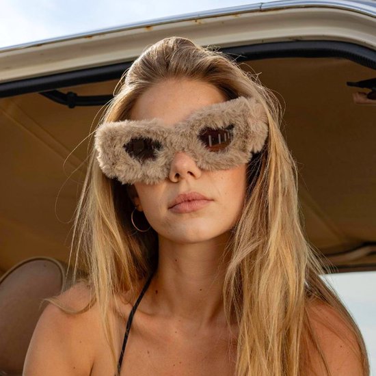 Zonnebril pluche - Zonnebrillen - Festival bril - Rave bril - Glasses - Classic model - Beige - Met bruine glazen van Merkloos — afbeelding 3