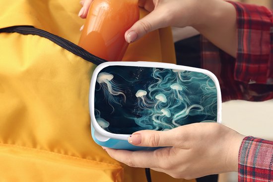 Lunch Box Blauw - Lunch Box Méduse - Mer - Wit - Vagues - Lunch Box 18x12x6 cm - Lunch Box Pain - Boîtes à pain pour Enfants et Adultes
