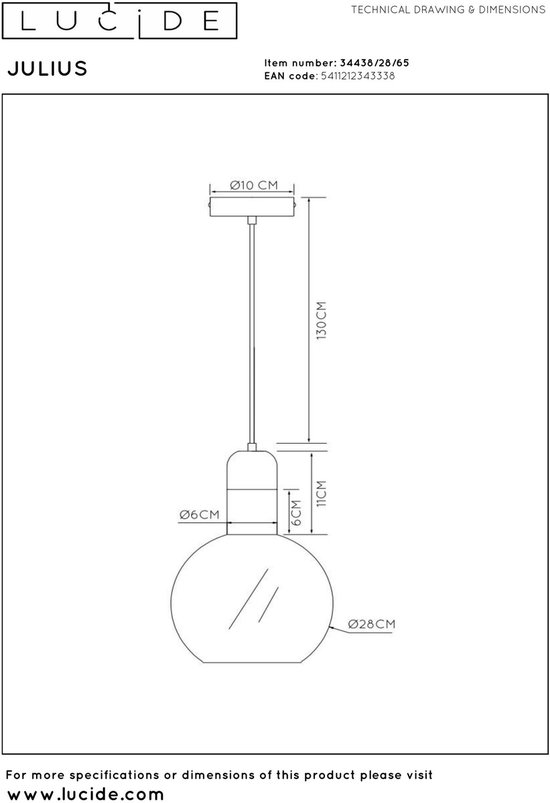 Lucide JULIUS - Suspension - Ø 28 cm - 1xE27 - Fumé