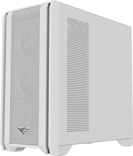 Witte PREYON PC-behuizing met mesh voorkant en ventilatie aan de zijkant.