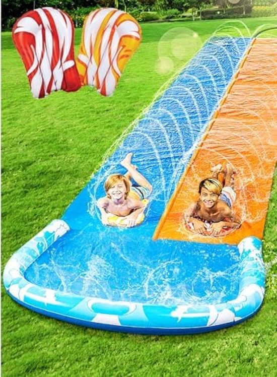 Foto: Opblaasbare waterglijbaan met 2 bodyboards en ingebouwde sproeier voor buitenspeelplezier 685 cm blauw