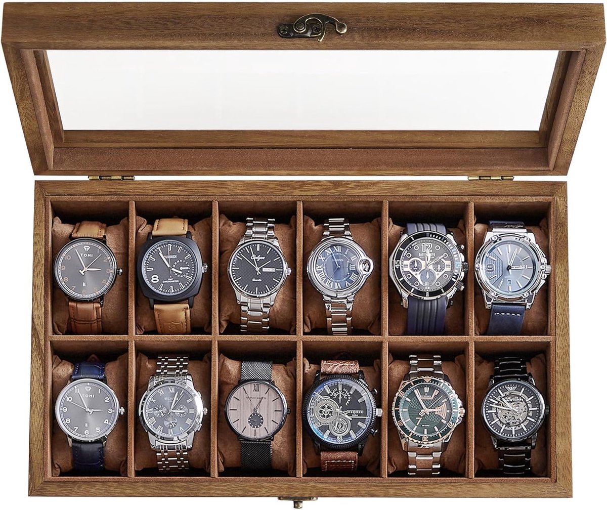 Horlogedoos met 12 vakken, horlogekast, massief houten horlogedoos, organizer met groot glazen deksel, horlogedisplaydoos met uitneembare kussentjes, cadeau-idee, rustiek notenhout