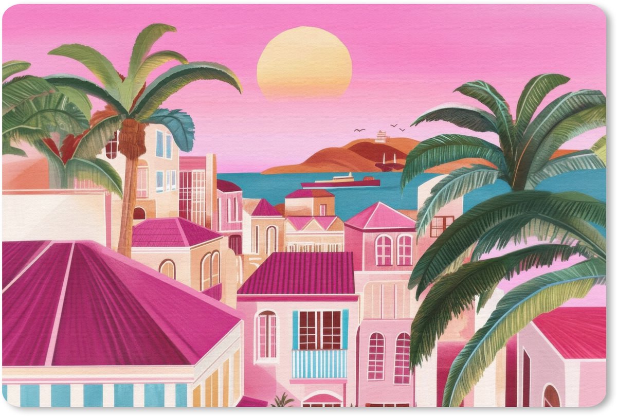 Muismat 27x18 cm - Mousepad Stad - Roze - Palmbomen - Muismatten