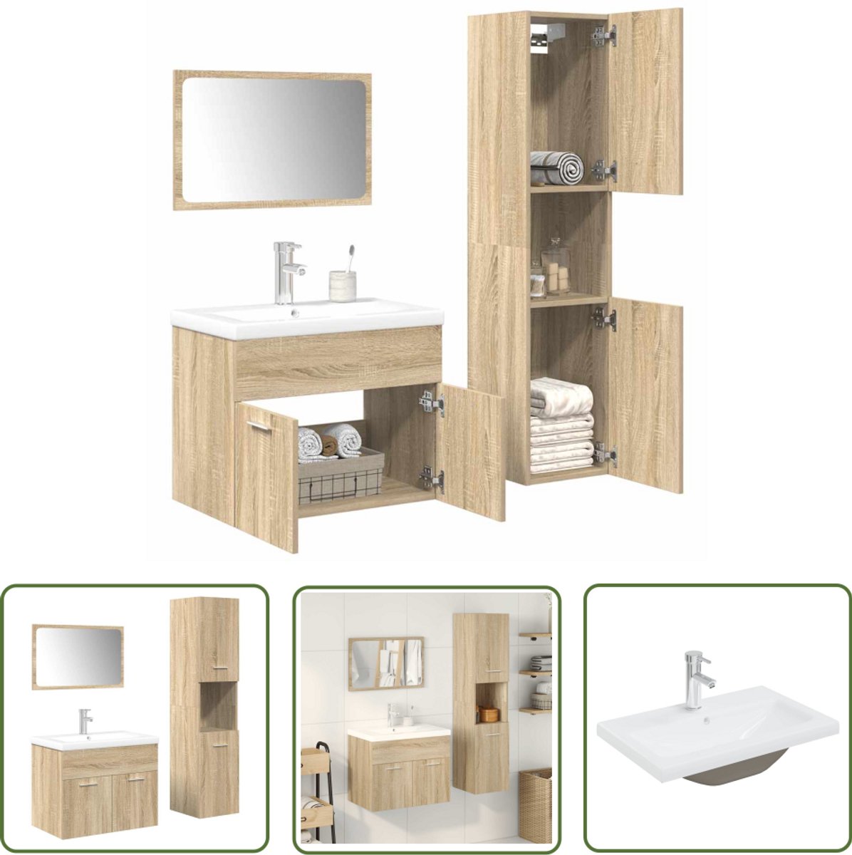 The Living Store 4-delige Badkamermeubelset bewerkt hout sonoma eikenkleurig - Badkamermeubels - Badkameraccessoires - Sonome Eiken Meubilair - Wastafelkasten - Badkamerkast