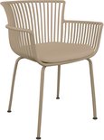 Beige tuinstoel met zitting en rugleuning van verticale ribbels, en slanke metalen poten.