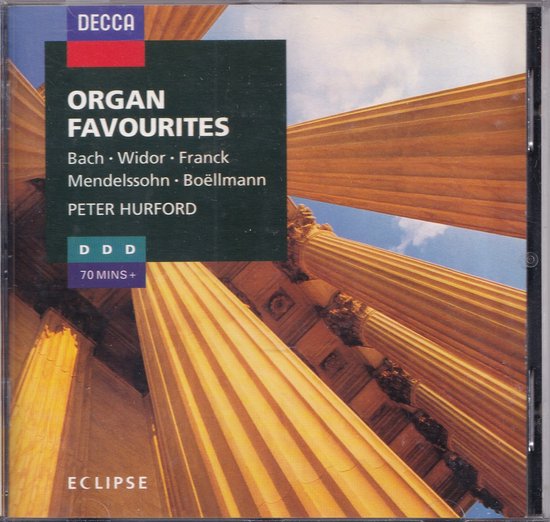 Cd-hoes van Organ Favourites met gouden zuilen en de titel.