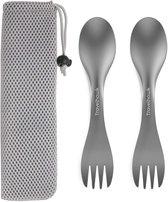 Travelhawk Spork - Couverts de camping en titane - Fourchette, couteau et cuillère en un - Couverts pour les déplacements et les voyages - Légers - 2 pièces - Sac de transport inclus